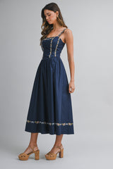 THORNE EMBROIDERED STRIPE MIDI DRESS