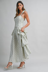 JENOVA FLORAL PRINTED SIDE RUFFLE MIDI DRESS