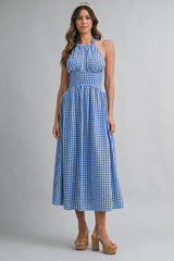 IRIDIA HALTER NECK BACK BOW MIDI DRESS