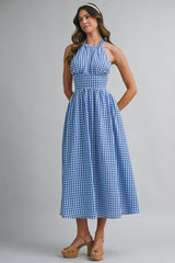 IRIDIA HALTER NECK BACK BOW MIDI DRESS