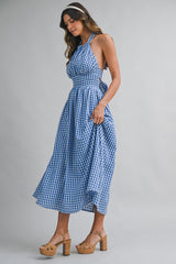 IRIDIA HALTER NECK BACK BOW MIDI DRESS