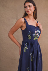 LIVIA FLORAL EMBROIDERED SQUARE NECK MIDI DRESS
