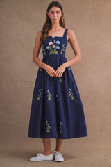 LIVIA FLORAL EMBROIDERED SQUARE NECK MIDI DRESS