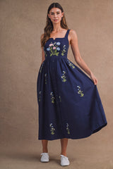 LIVIA FLORAL EMBROIDERED SQUARE NECK MIDI DRESS