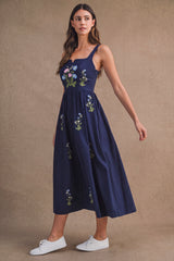 LIVIA FLORAL EMBROIDERED SQUARE NECK MIDI DRESS