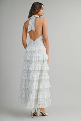 ELSA EMBROIDERED HALTER RUFFLE TIERED MIDI DRESS