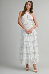 ELSA EMBROIDERED HALTER RUFFLE TIERED MIDI DRESS