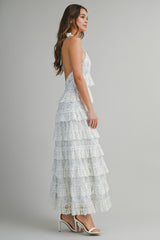 ELSA EMBROIDERED HALTER RUFFLE TIERED MIDI DRESS