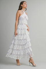 ELSA EMBROIDERED HALTER RUFFLE TIERED MIDI DRESS