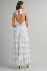 ELSA EMBROIDERED HALTER RUFFLE TIERED MIDI DRESS