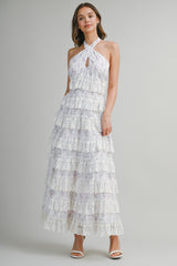 ELSA EMBROIDERED HALTER RUFFLE TIERED MIDI DRESS