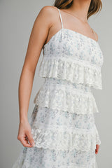 POPPY EMBROIDERED LACE RUFFLE MIDI DRESS