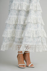 POPPY EMBROIDERED LACE RUFFLE MIDI DRESS