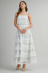 POPPY EMBROIDERED LACE RUFFLE MIDI DRESS