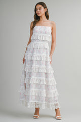 POPPY EMBROIDERED LACE RUFFLE MIDI DRESS
