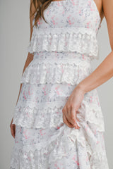 POPPY EMBROIDERED LACE RUFFLE MIDI DRESS