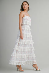 POPPY EMBROIDERED LACE RUFFLE MIDI DRESS