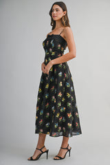 CELESTE MULTI FLORAL EMBROIDERED MIDI DRESS