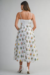 CELESTE MULTI FLORAL EMBROIDERED MIDI DRESS