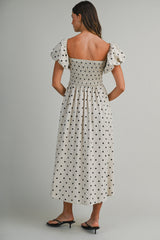 ARIJIN LINEN POLKA DOT OFF SHOULDER MIDI DRESS