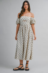 ARIJIN LINEN POLKA DOT OFF SHOULDER MIDI DRESS