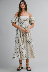 ARIJIN LINEN POLKA DOT OFF SHOULDER MIDI DRESS