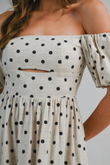 ARIJIN LINEN POLKA DOT OFF SHOULDER MIDI DRESS