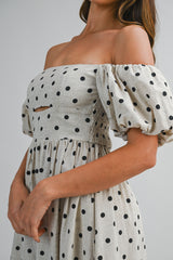 ARIJIN LINEN POLKA DOT OFF SHOULDER MIDI DRESS