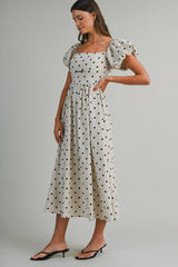 ARIJIN LINEN POLKA DOT OFF SHOULDER MIDI DRESS