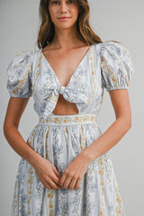 SOPHIA FLORAL PRINTED PUFF SLEEVES MIDI DRESS