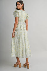 SOPHIA FLORAL PRINTED PUFF SLEEVES MIDI DRESS