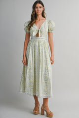 SOPHIA FLORAL PRINTED PUFF SLEEVES MIDI DRESS