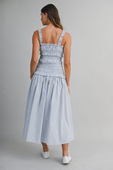 AIDA PIN STRIPE RUCHED BOCIDE MIDI DRESS
