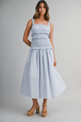 AIDA PIN STRIPE RUCHED BOCIDE MIDI DRESS