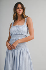 AIDA PIN STRIPE RUCHED BOCIDE MIDI DRESS