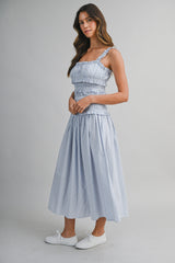 AIDA PIN STRIPE RUCHED BOCIDE MIDI DRESS