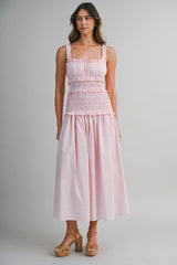 AIDA PIN STRIPE RUCHED BOCIDE MIDI DRESS