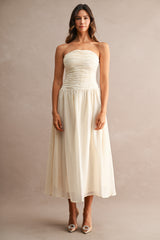 ALICIA RUCHED BODICE TUBE MIDI DRESS