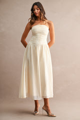 ALICIA RUCHED BODICE TUBE MIDI DRESS