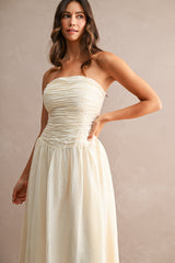 ALICIA RUCHED BODICE TUBE MIDI DRESS