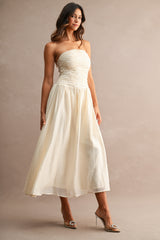ALICIA RUCHED BODICE TUBE MIDI DRESS