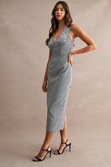 NYLA PLAID EMBROIDERY SCALLOP NECK MIDI DRESS