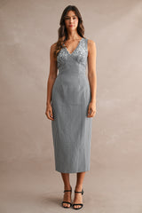 NYLA PLAID EMBROIDERY SCALLOP NECK MIDI DRESS
