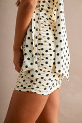 ZORA POLKA DOT RUCHED ONE SHOULDER MINI DRESS