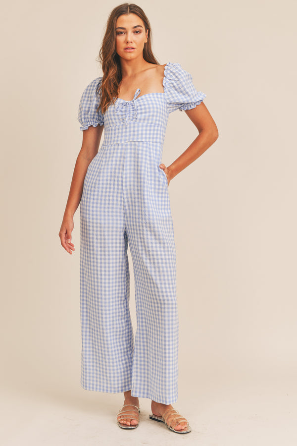 AMAYA PLAID PUFF SLEEVE JUMPSUIT