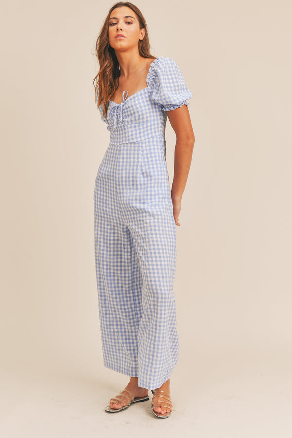 AMAYA PLAID PUFF SLEEVE JUMPSUIT