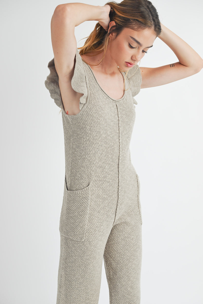 NICKI RUFFLE SLEEVE KNIT JUMPSUIT