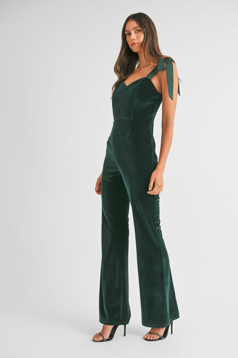 ELLISON SHOULDER TIE VELVET JUMPSUIT