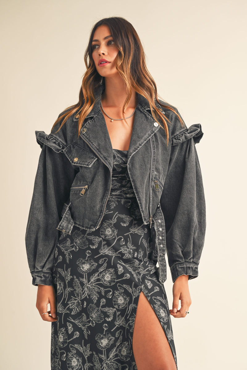 THESSALY RUFFLE SHOULDER BIKER DENIM JACKET - Main Image
