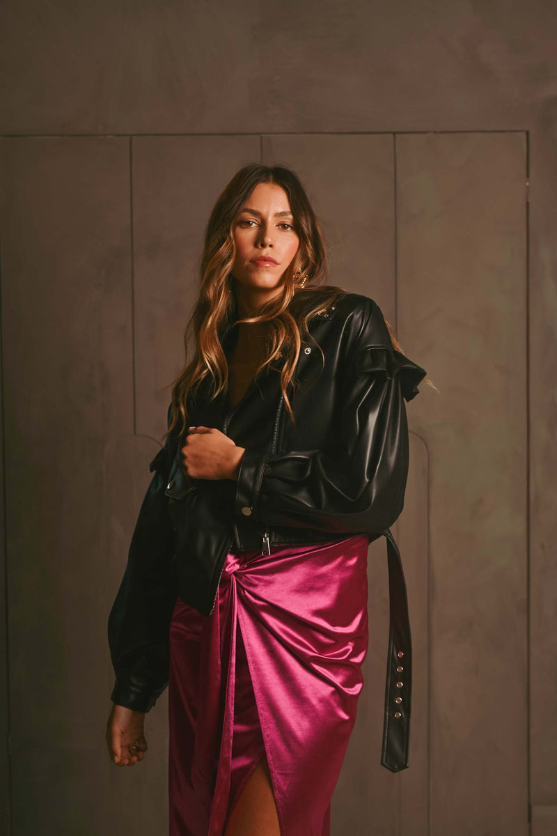 GISELE PUFF SLEEVE BIKER CROPPED JACKET